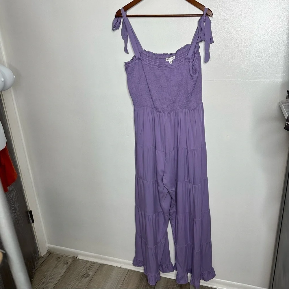 Heimish Usa Lavender Smocked Tiered Jumpsuit Tie Shoulder Straps Women’s Sz 1X